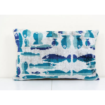 Ikat Velvet Pillow - Fish Lumbar Cushion Cover