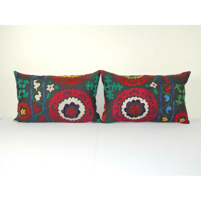 Vintage Suzani Pillow Cover, Pair Boho Cushion Cover 1960s 16" x 24"
