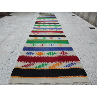 2.6x12.5 FT Vintage Woven Stripe Multi Color Aztec Design Kilim Rug Floor Runner