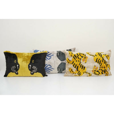Set of Three Ikat Velvet Pillow, Silk Lumbar Cushion