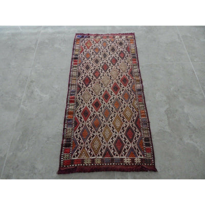 Vintage Konya Small Kilim Yastik Rug, 1.7 x 3.4 foot Handmade Cicim Embroidery