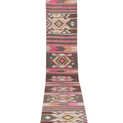 Hand-Woven Pink, Fuchsia, Orange, Yellow and Brown Color Turkish Kilim Runner