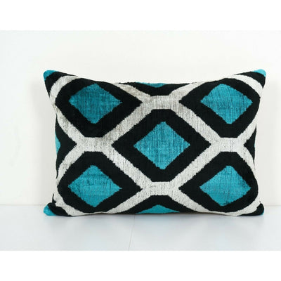 Blue Silk Ikat Velvet Pillow Cover, Handloom Ikat Lumbar Cushion Cover