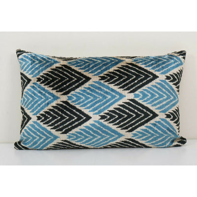 Handmade Soft Silk Blue Velvet Ikat Pillow, Lumbar Cushion Cover 16" x 24"