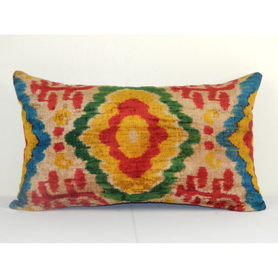 16" x 26" Yellow Velvet İkat Pillow,Handmade Patchwork Decorative