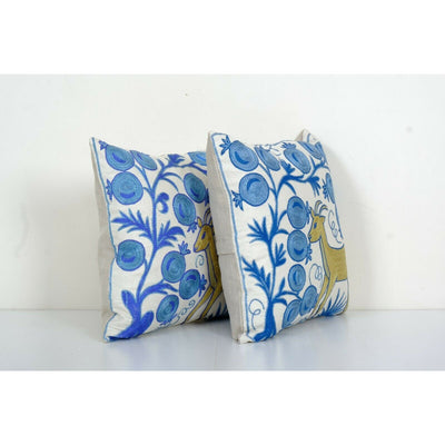 Vintage Animal Motifs Suzani Cushion Cover - Pair Embroidery Deer Uzbek Pillow
