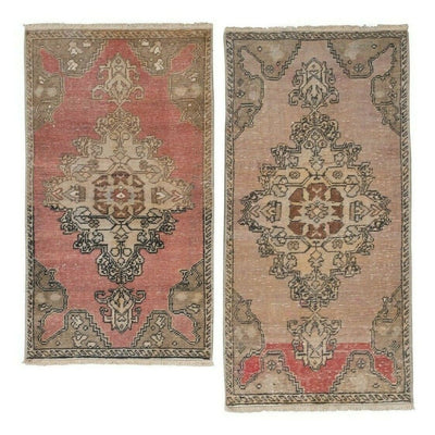 Set of Two Distressed Turkish Small Rug - a Pair Ethnic Kitchen Mat 1'7" X 3'1"