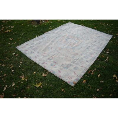 1940s Vintage Distressed Oushak Soft Colors Wool Pile Rug 6.4 x 9 Ft