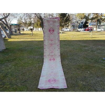 Vintage Kurdish Geometric Faded Pink Low Pile Long Rug Runner 2'6'' x 12'10''
