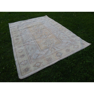 Vintage Hand Knotted Turkish Oushak Rug | Area Rug With Yellow Rich Border