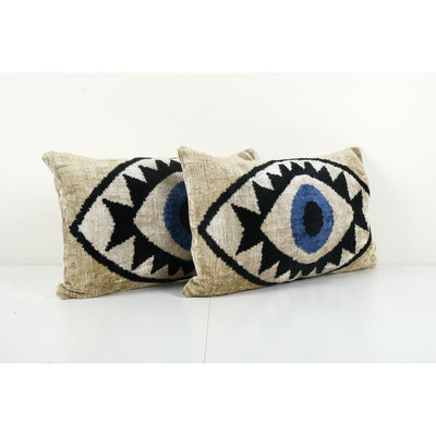 Ikat Eye Beige Pillow Cover - Handloom Blue Silk Ikat Velvet Lumbar Set Of Two