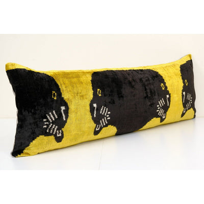 16" x 46" Panther Ikat Velvet Pillow, Silk Lumbar Cushion Cover