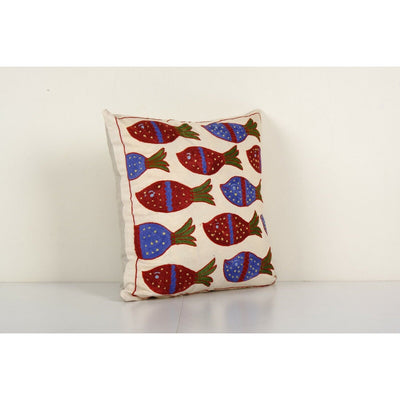 Fish Motifs Design Suzani Cushion Cover, Handmade Cotton and Silk Blend Suzani