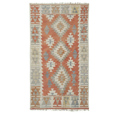 Turkish Geometric Red Kilim Rug With Pastel Color