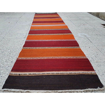 9 Foot Kitchen Runner, Orange Handwoven Kilim Rug Runner,Striped Bedside Kelim