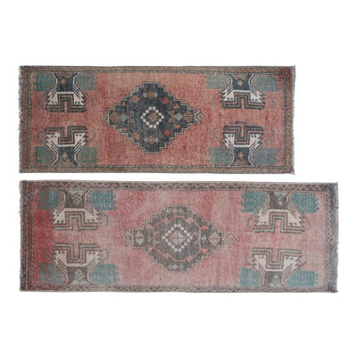 Pair of Vintage Turkish Oushak Yastik Scatter Rug - Faded Tribal Carpet