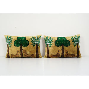 Tiger Design Ikat Velvet Pillow, Set of Two Silk Lumbar Cushion Cover