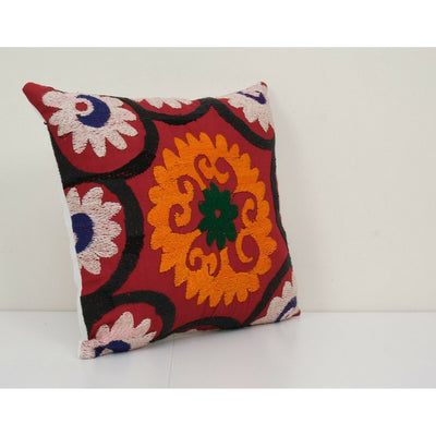 Suzani Ethnic Pillow, Red Ethnic Uzbek Cushion, Hand Embroidered 14" x 16"