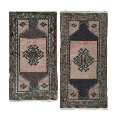 Hand Knotted Turkish Small Rug Mat Distressed Rug - Set of Two