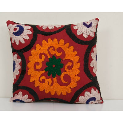 Suzani Ethnic Pillow, Red Ethnic Uzbek Cushion, Hand Embroidered 14" x 16"