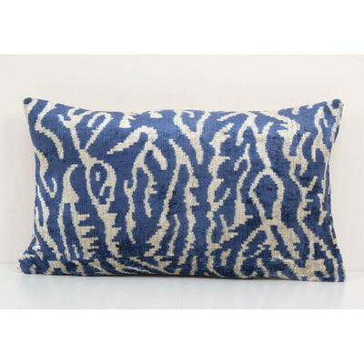 Ikat Velvet Pillow - Blue Silk Lumbar Cushion Cover - Boho Home Decor