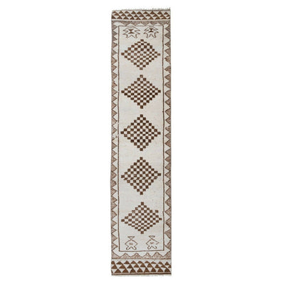 Hand-Knotted Neutral Turkish Runner Rug, Tribal Herki Rug, Boucherouite Style
