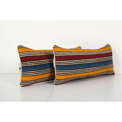 Set of Two Striped Turkish Kilim Pillow, Pair Yellow Handwoven Kilim Pillow