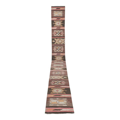 Turkish Puprle Brown Kilim Extra-Long Hallway Runner With Boho Chic Style