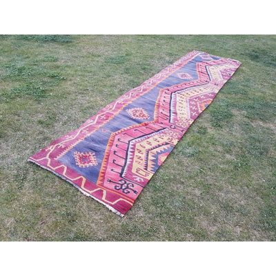 11 Foot Vintage Orange Green & Red Color Handmade Turkish Hall Kilim Rug Runner