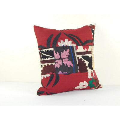 Red Suzani Patchwork Cushion Cover, Tribal House Decor 20" x 20"