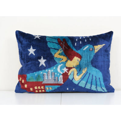 16" x 24" Turkish Human Pictorial Ikat Velvet Pillow, Silk Lumbar Cushion Cover