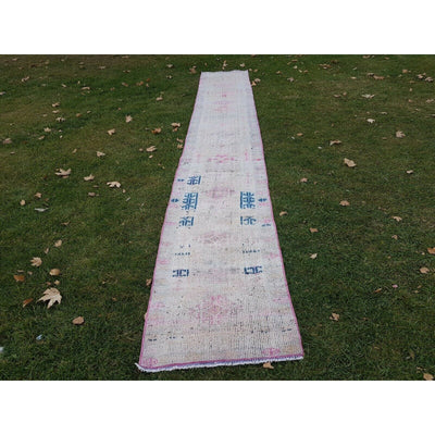 Vintage Hand Knotted Muted Pink Color Turkish Oushak Runner 2'4" X 15'1"