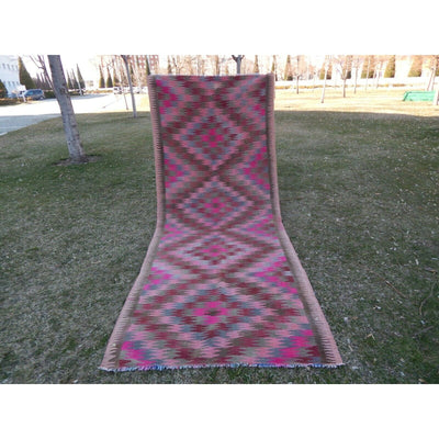 1970s Vintage Geometrical Caucasian Kilim Runner - 3'11'' x 9'6''