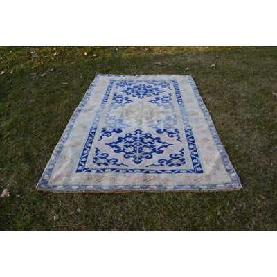 Vintage Blue Caucasian Rug - Traditional Hand Woven Wool Carpet 4'8" X 6'11"