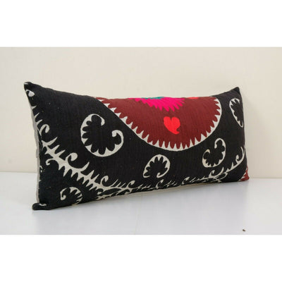 16" x 38" Long Lumbar King Bed Vintage Black Cotton Suzani Pillow Cover