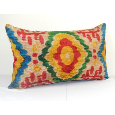 16" x 26" Yellow Velvet İkat Pillow,Handmade Patchwork Decorative