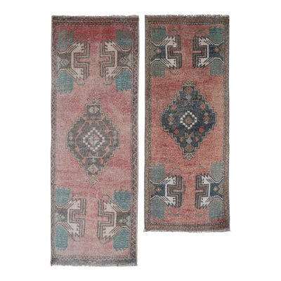 Pair of Vintage Turkish Oushak Yastik Scatter Rug - Faded Tribal Carpet