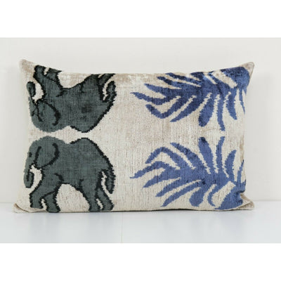 Ikat Elephant Pillow, Silk Lumbar Cushion Cover, Animal Velvet Pillows