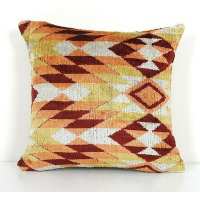 Silk Ikat Velvet Pillow - Silk Orange Ethnic Velvet Kilim Pillow Design Cover