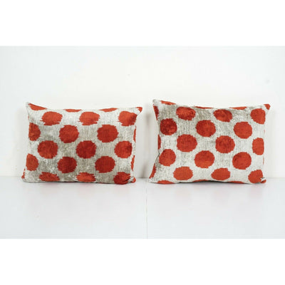 Ikat Red Polka Dot Pillow Cover - Silk Velvet Lumbar Pillow Cover - A Pair