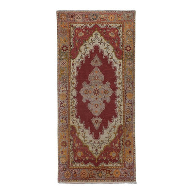 Vintage Red and Pink Turkish Oushak Rug - Kitchen Rug 3'5" X 7'4"