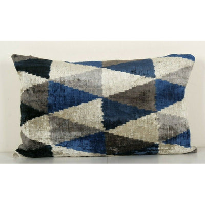 Geometric Ikat Velvet Lumbar Pillow, Hand Woven Diagonal Blue Silk Ikat