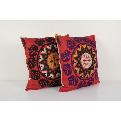 Set of Two Suzani Red Cushion Cover, Tribal Square Embroidery Pillow Case