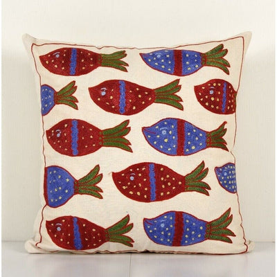 Fish Motifs Design Suzani Cushion Cover, Handmade Cotton and Silk Blend Suzani