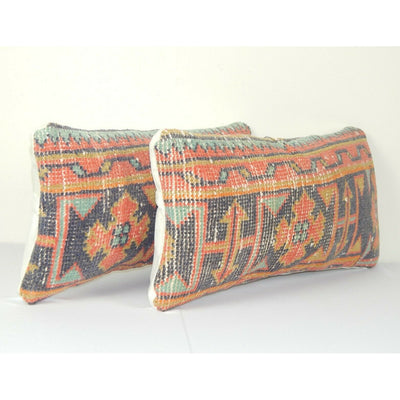 Tribal Wool Handmade Pair Pillow Covers, Muted Blue and Beige 10" x 22"