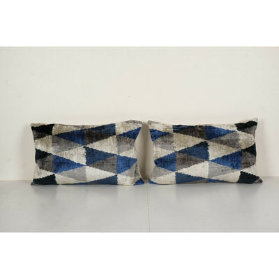 Handmade Triangle Ikat Velvet Pillow, Set of Two Blue Woven Silk Cushion