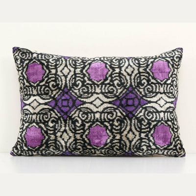 Geometric Design Blue Ikat Velvet Pillow - Pink Ethnic Silk Cushion Cover