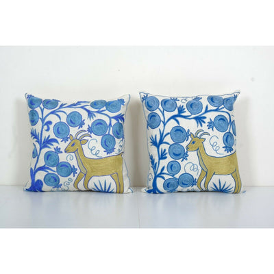 Vintage Animal Motifs Suzani Cushion Cover - Pair Embroidery Deer Uzbek Pillow