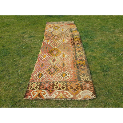 3 X 9 Foot Old Handmade Orange Green Color Large Turkish Hall Kilim Rug Runner