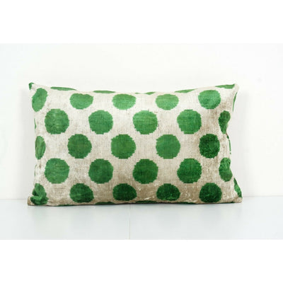 Green Soft Velvet Silk Pillow, Ikat Velvet Polka Dot Cushion Cover 14'' x 24''